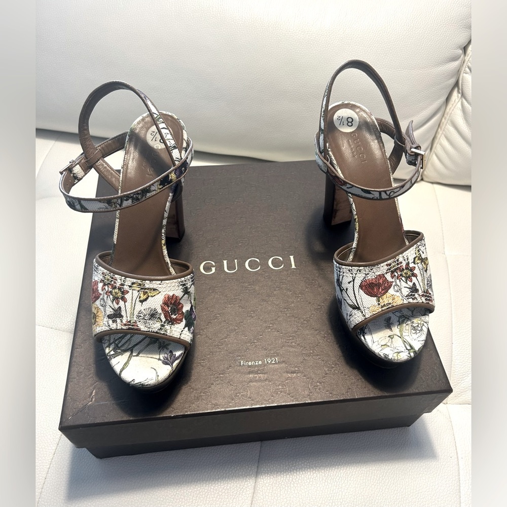 GUCCI DANIELLE SHOES Platform
Sandal Flora Canvas Chunky Heel